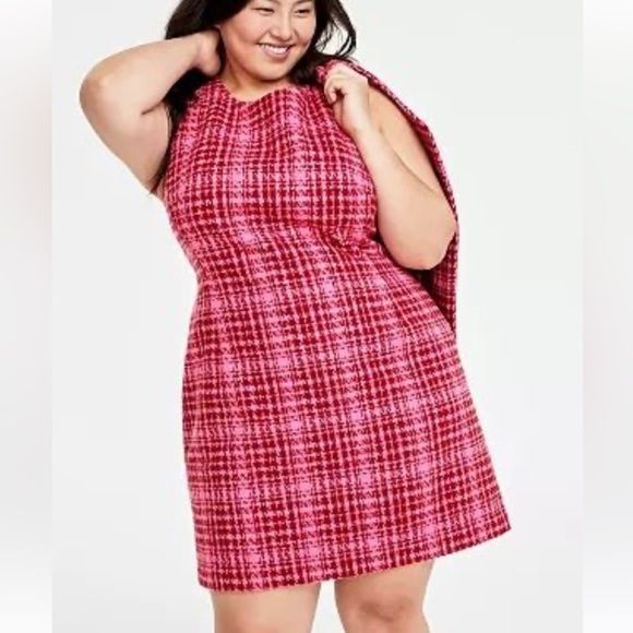On 34TH PINK & RED TWEED HOUNDSTOOTH TWEED PREPPY SLEEVELESS SHEATH DRESS SZ 18W - Picture 1 of 10